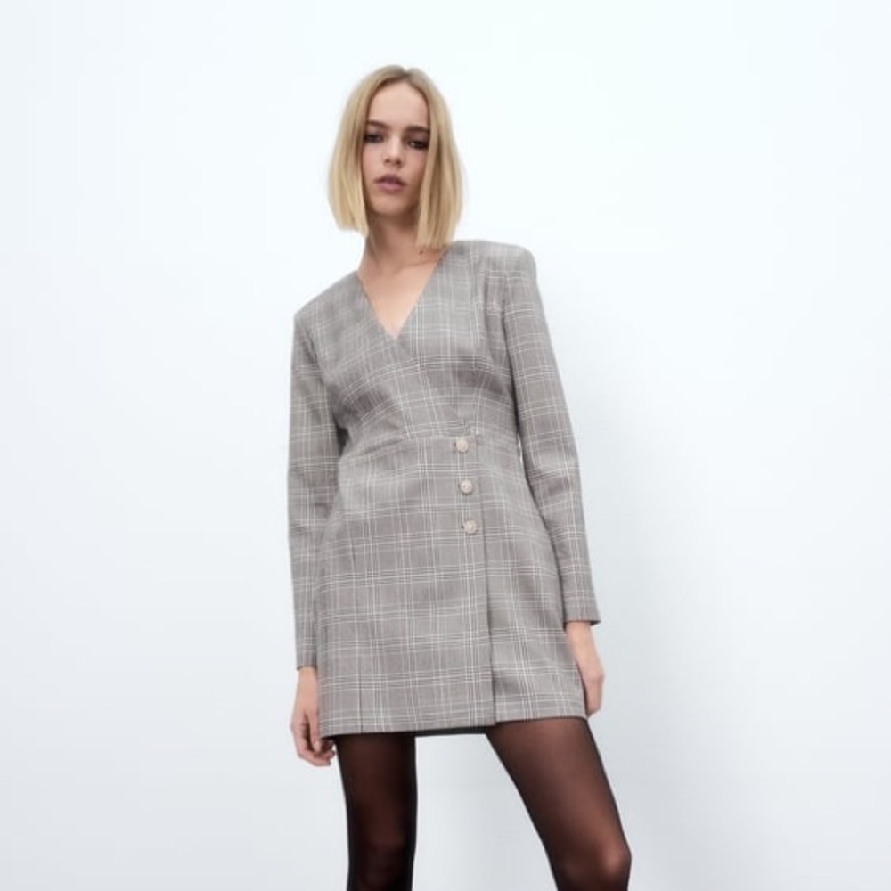 Zara Plaid Blazer Dress - Grey